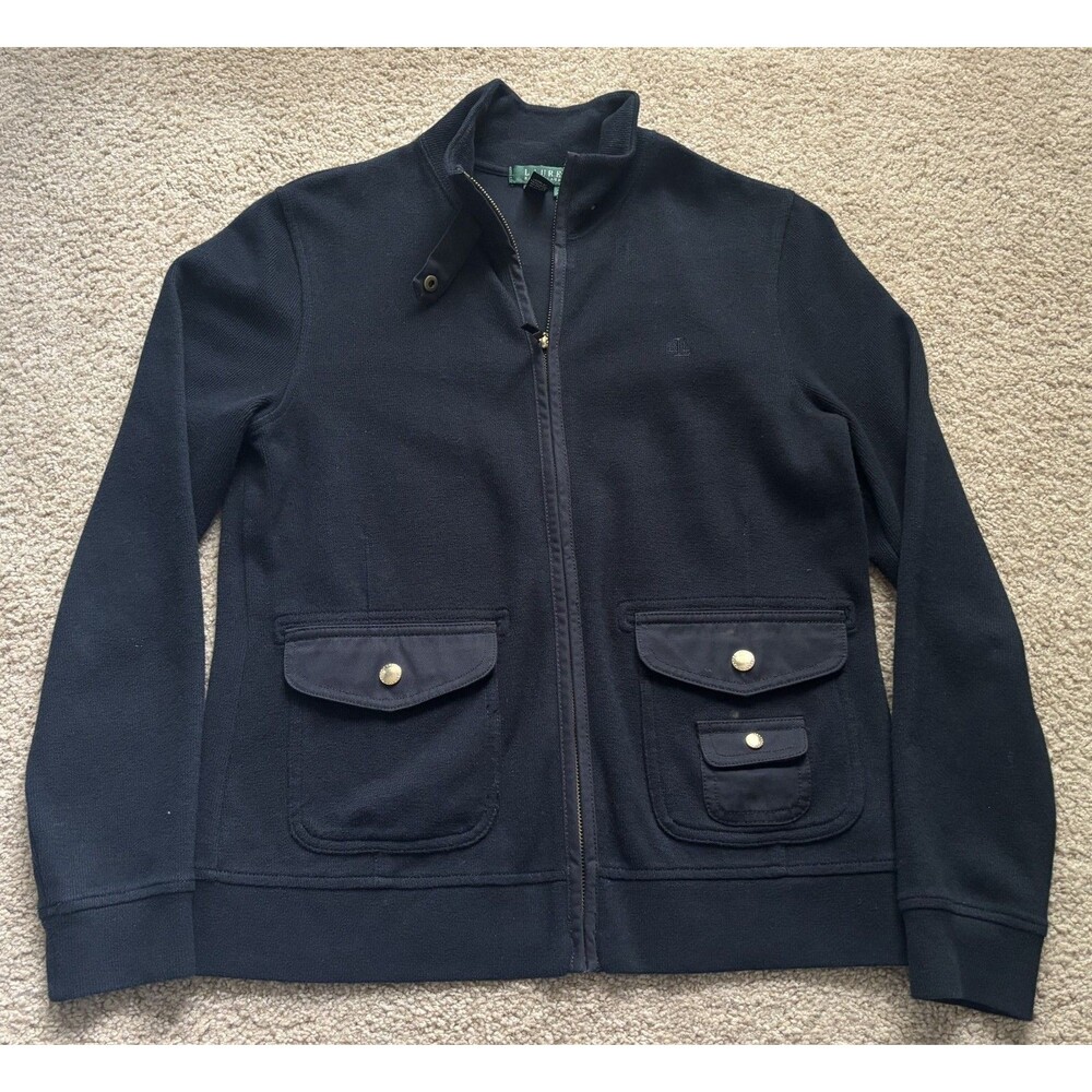 Ralph Lauren Cardigan Sweater Coat Womens BLACK Zip Up Cotton Logo Size Small